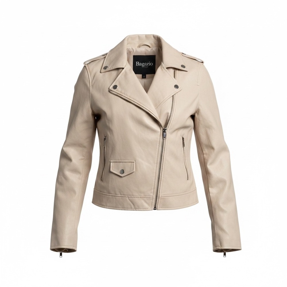 Nine West Faux Leather Moto Jacket Womens XL Cream Minimalist Grunge Biker Coat